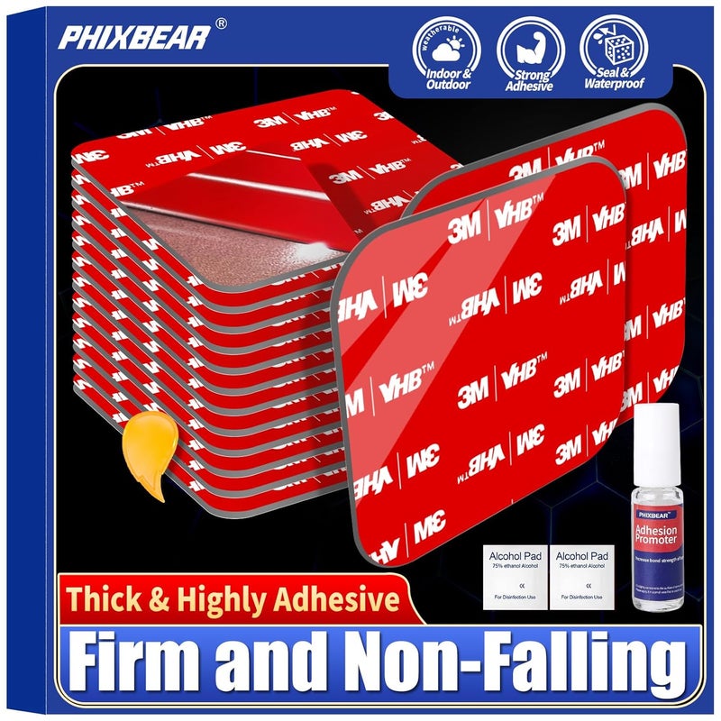 PHIXBEAR Double Sided Sticky Pads,Made of 3M VHB,Strong Adhesive Tape Squares Heavy Duty Waterproof Heat Resistant, Extreme Mounting Foam Tape,Car Home Outdoor Use, 12 Pcs 2.36x2.36 Inch - Image 1